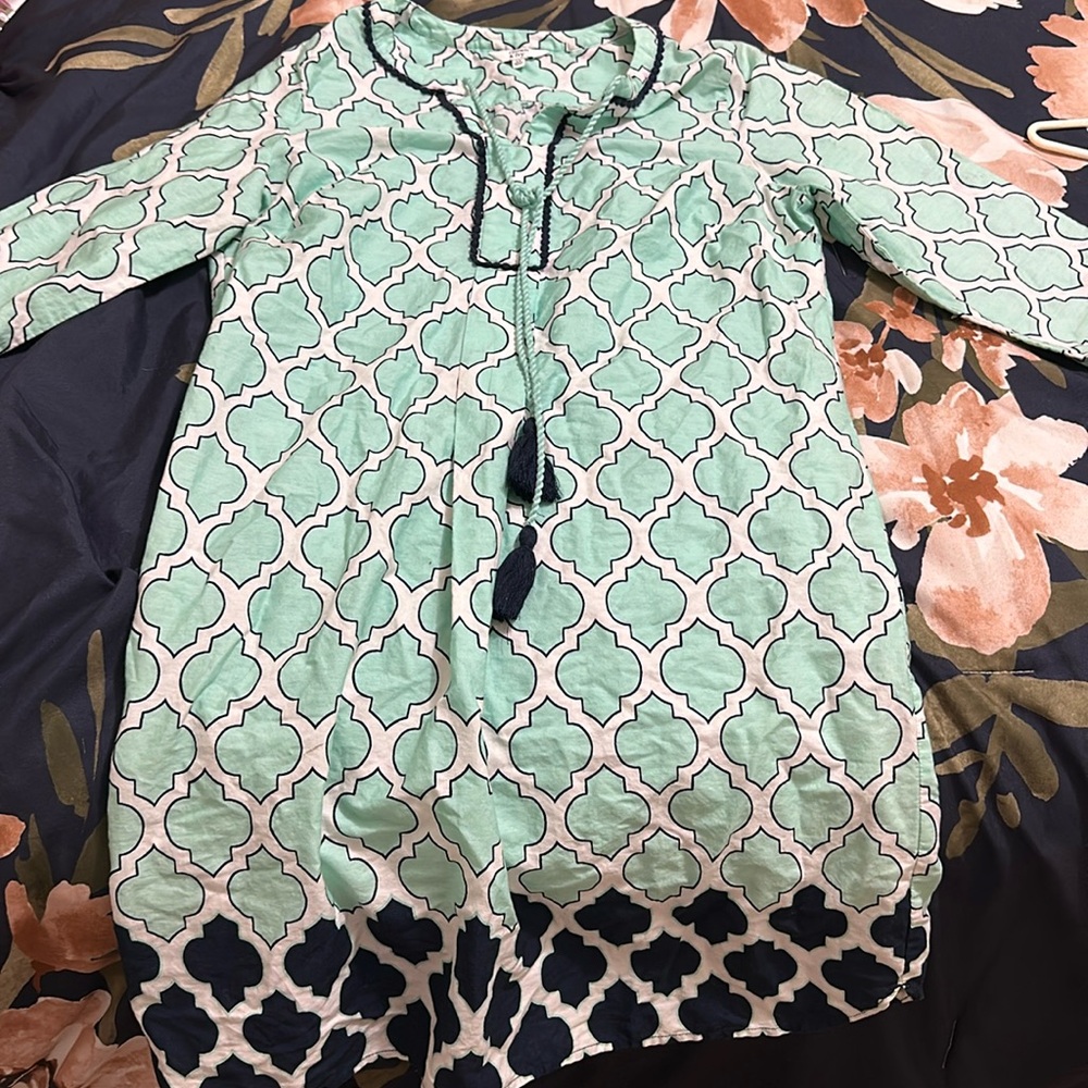 Teal black and white tasselled printed mini extra small crown & ivy dress